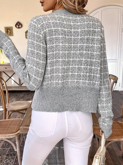 Elegante cardigan con motivo tweed e bottoni dorati per donne – Classico chic
