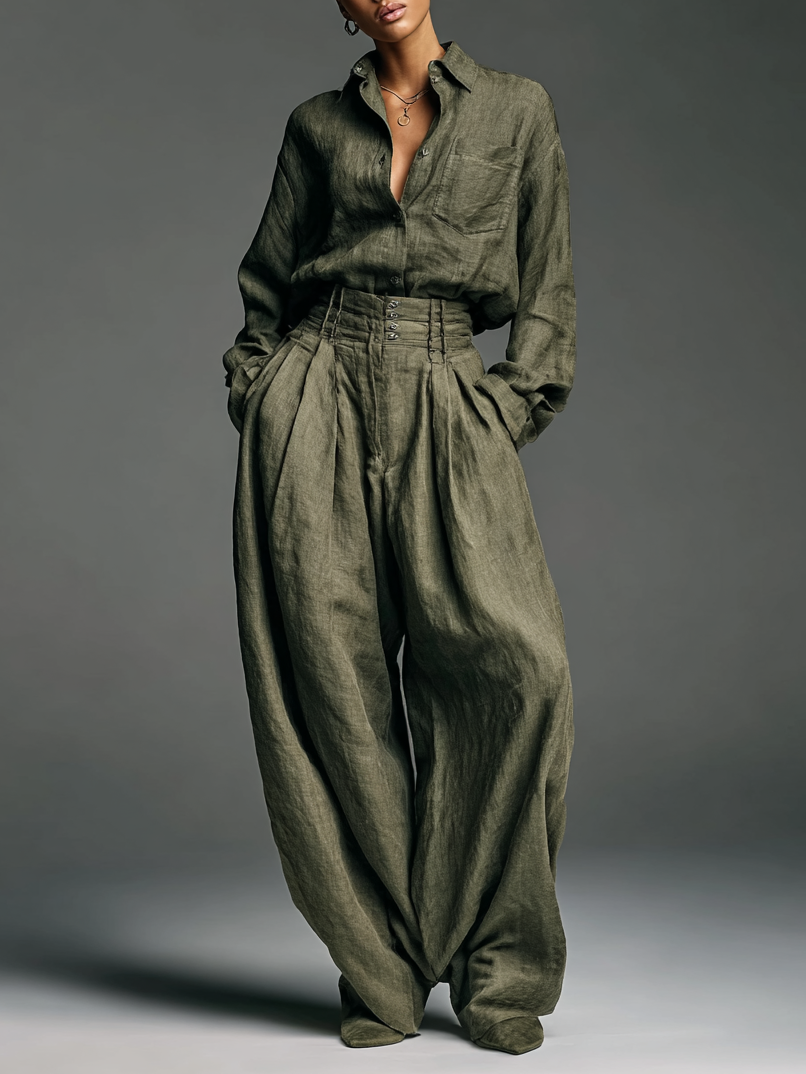 Laurélise - Completo due pezzi per donne, composto da una camicia a maniche lunghe in misto cotone-lino e pantaloni larghi
