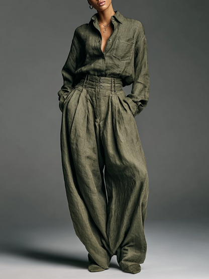 Laurélise - Completo due pezzi per donne, composto da una camicia a maniche lunghe in misto cotone-lino e pantaloni larghi