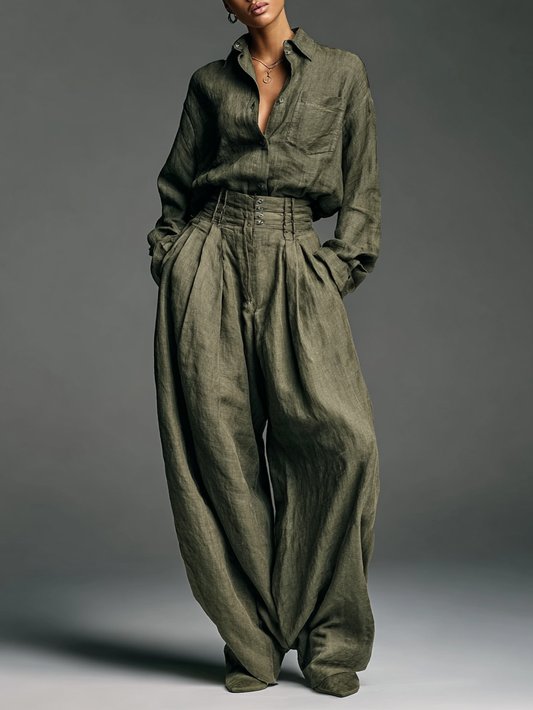 Laurélise - Completo due pezzi per donne, composto da una camicia a maniche lunghe in misto cotone-lino e pantaloni larghi