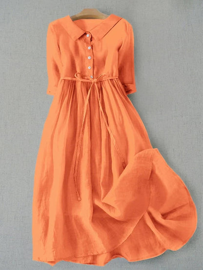 Abito midi a camicia leggero per donne – Abito estivo in lino con cintura e elegante linea A