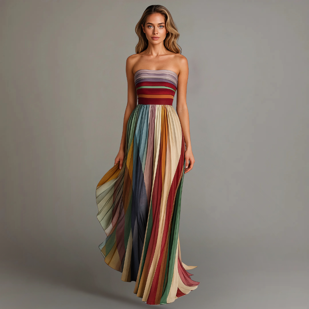 Abito Maxy Plissettato per Donna – Vestito Estivo Senza Spalline con Gradiente di Colore e Silhouette Fluttuante