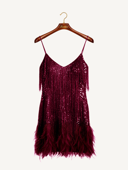 Elegante Abito con Paillettes e Frange per Donne – Glamouroso Abito da Cocktail per Feste con Orlo di Piume