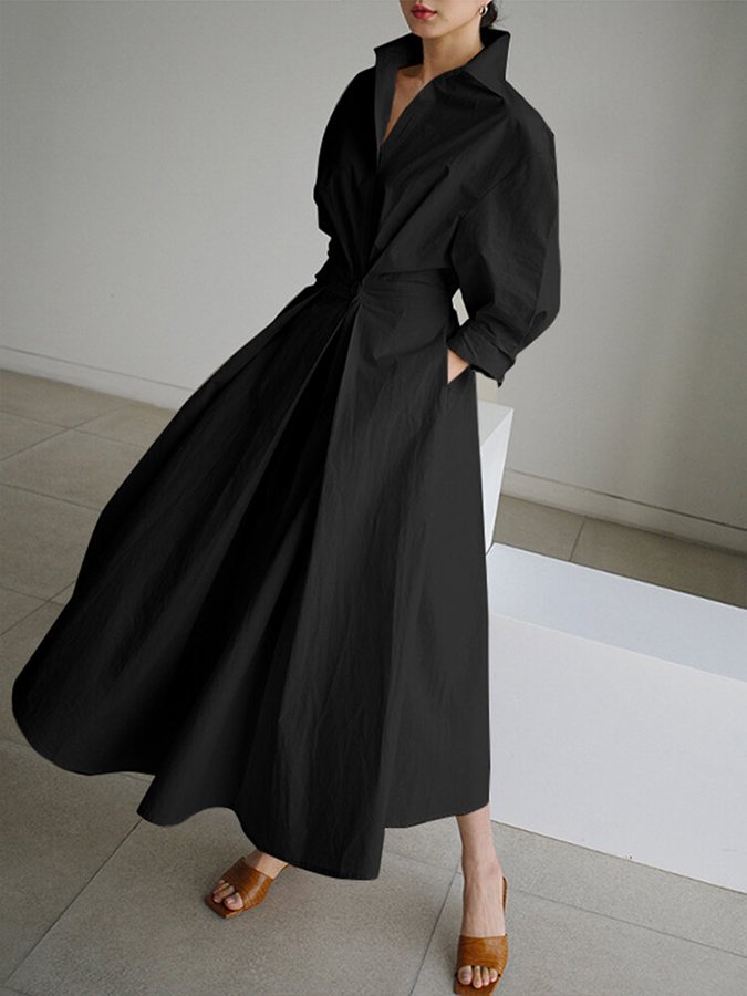 Elegante vestito midi a camicia per donne con vita sagomata e taglio fluido