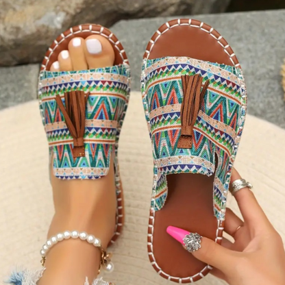 Sandali Boho con Frange per Donna – Comode Ciabatte Estive con Stampa Ethno