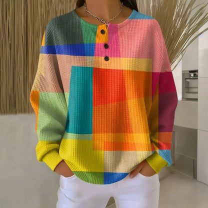 T-shirt a maniche lunghe color block con bottoni – Maglietta casual per donne