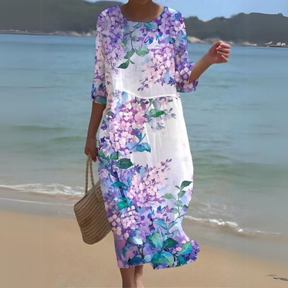 Briselle - Abito Maxy Elegante e Leggero con Stampa Floreale e Maniche a Tre Quarti