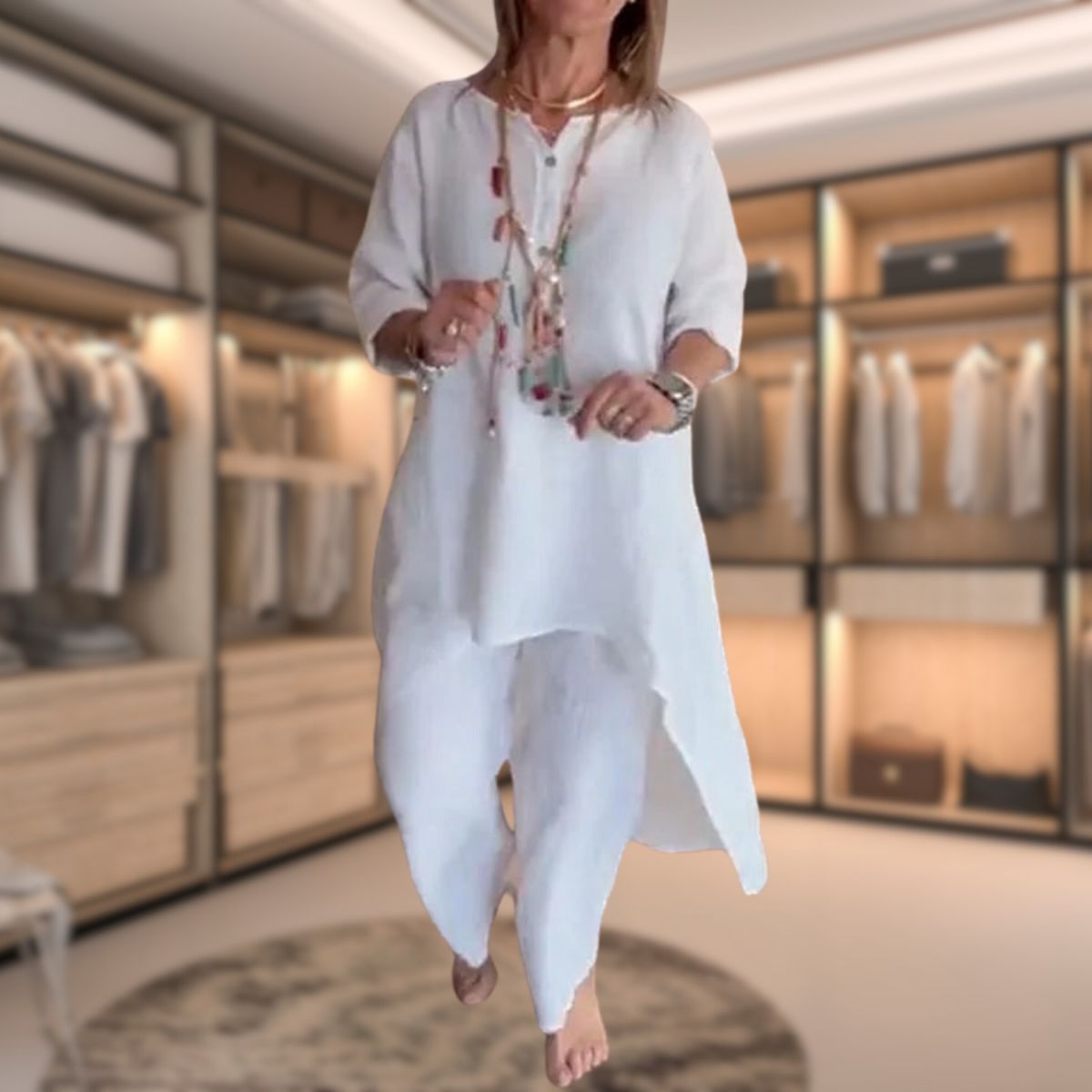Ambrélya - Ensemble di Comfort Doppio per Donna: Abito Camicia con Maniche a Tre Quarti e Pantaloni Comodi Monocromatici