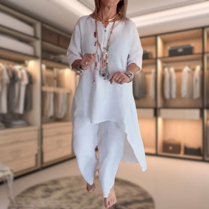 Ambrélya - Ensemble di Comfort Doppio per Donna: Abito Camicia con Maniche a Tre Quarti e Pantaloni Comodi Monocromatici