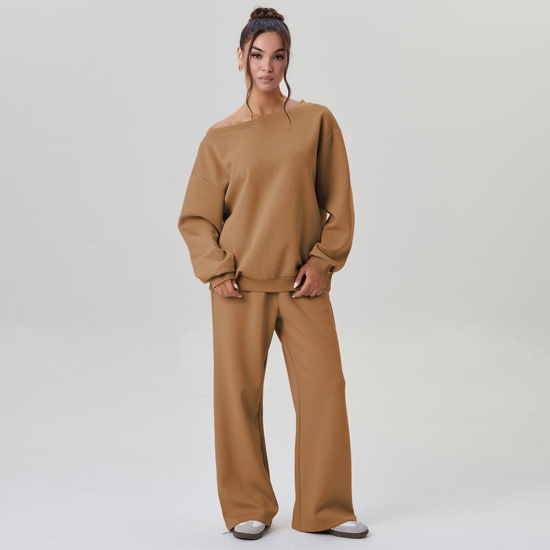 Set Lounge da Donna Casual con Sweatshirt a Spalla Scoperta – Comodo Due Pezzi con Pantaloni Larghi