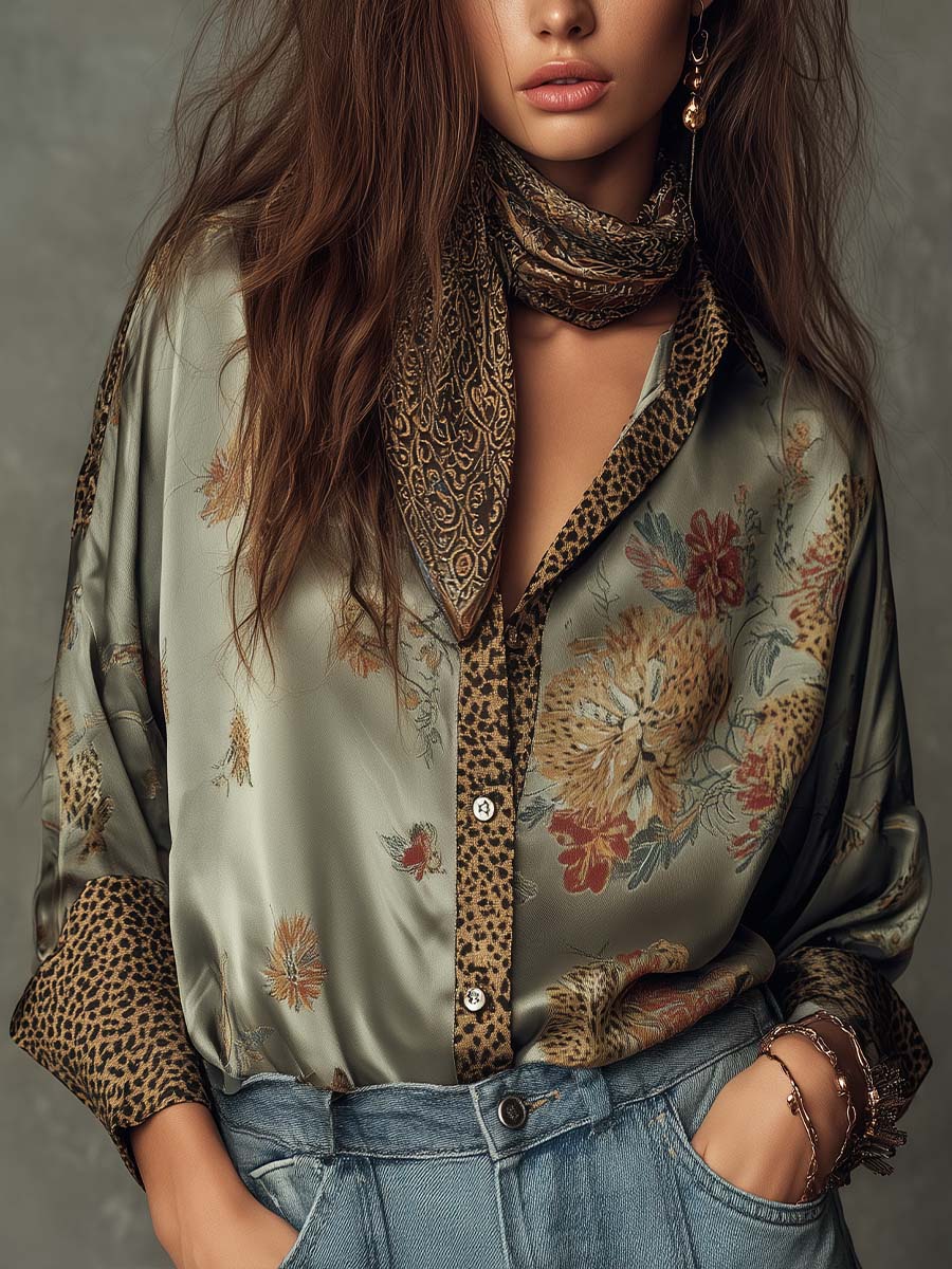 Elegante camicetta in satin con stampa floreale per donne – Camicia a maniche lunghe dal look boho