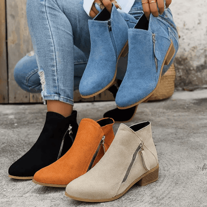 Zélyna - Eleganti Stivaletti Bassi in Camoscio per Donna, Primavera, con Cerniera e Tacco Basso, Monocromo