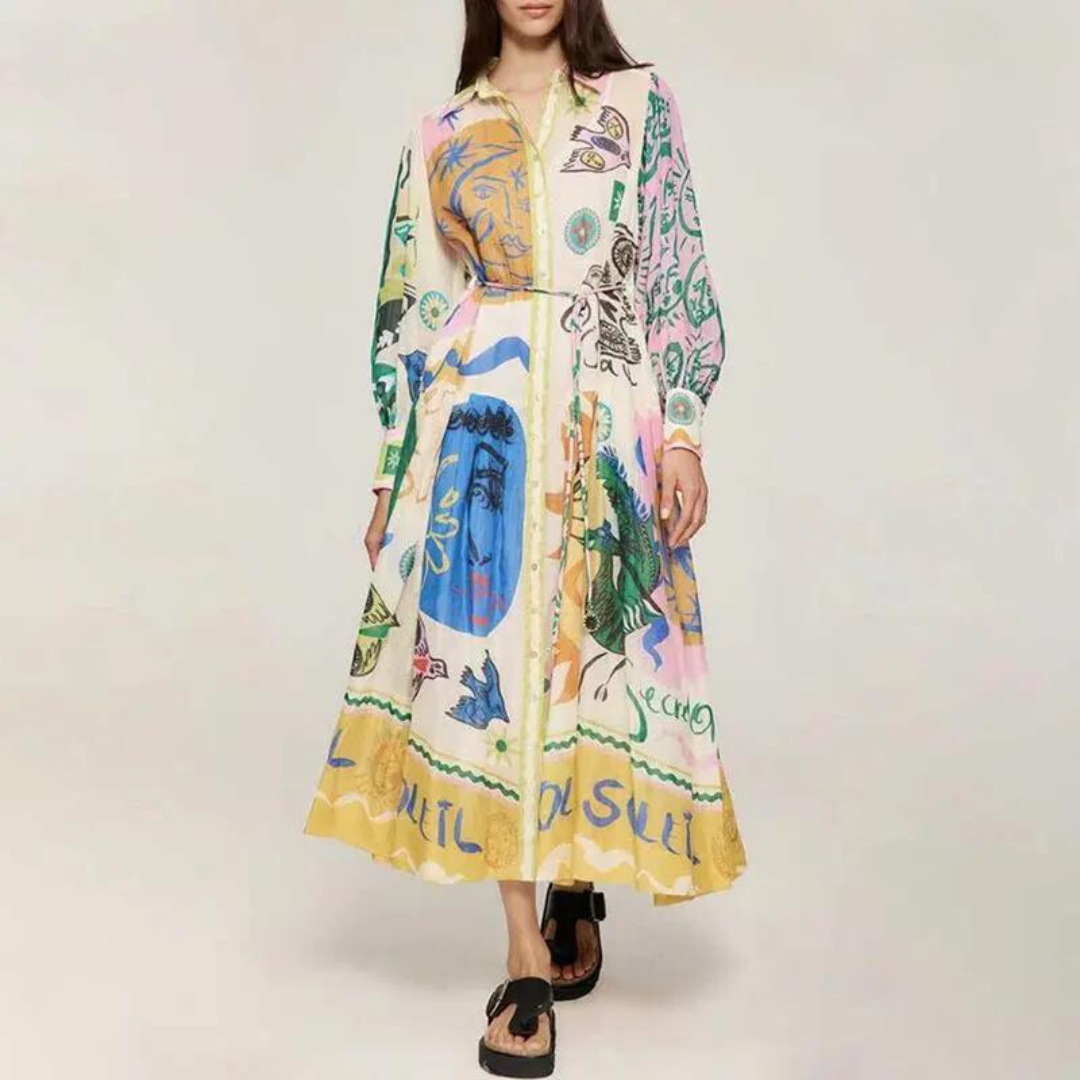 Abito maxy boho con stampa artistica per donne – Elegante abito camicia con cintura