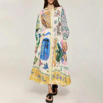 Abito maxy boho con stampa artistica per donne – Elegante abito camicia con cintura