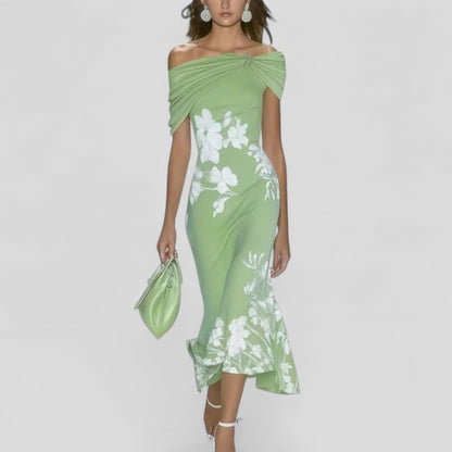 Abito midi floreale per donne – Elegante abito off-shoulder con vestibilità aderente