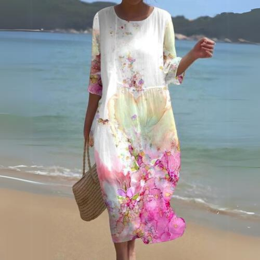 Briselle - Abito Maxy Elegante e Leggero con Stampa Floreale e Maniche a Tre Quarti