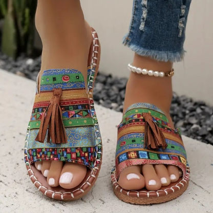 Sandali Boho con Frange per Donna – Comode Ciabatte Estive con Stampa Ethno