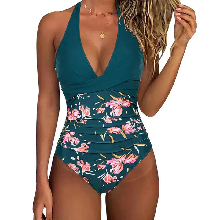 Elegante costume da bagno con scollo all'americana e stampa tropicale per donne