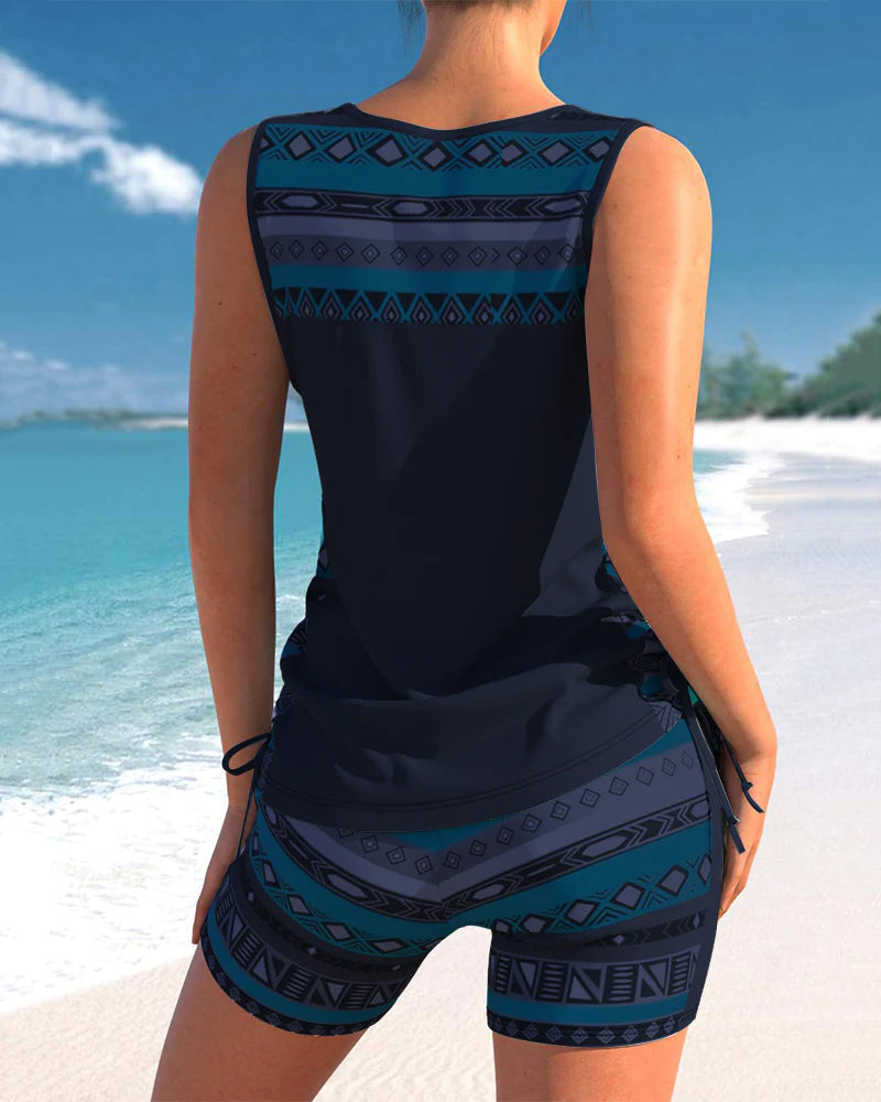 Completo da spiaggia per donne – Set tankini senza maniche con motivo etnico e pantaloni shorts comodi