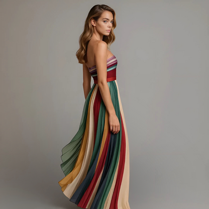 Abito Maxy Plissettato per Donna – Vestito Estivo Senza Spalline con Gradiente di Colore e Silhouette Fluttuante