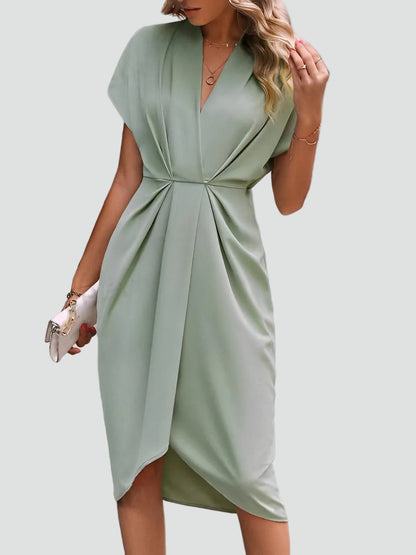 Abito midi aderente con drappeggio – Elegante vestito con scollo a V per donne