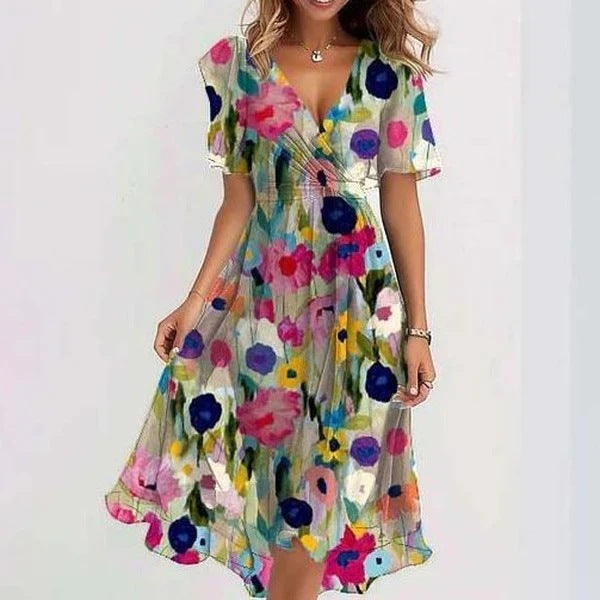 Elegante vestito avvolgente con stampa floreale per donne – Leggero vestito midi in chiffon con maniche a volant