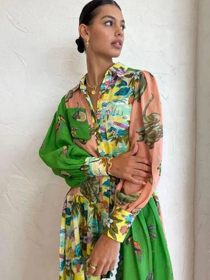 Abito maxy boho con stampa artistica per donne – Elegante abito camicia con cintura