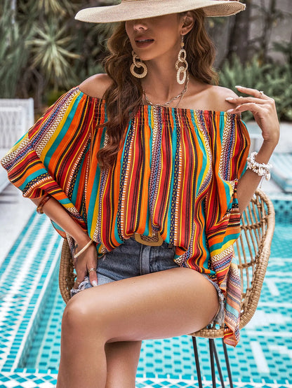 Blusa Boho Off-Shoulder con motivo a righe per donne – Top estivo leggero