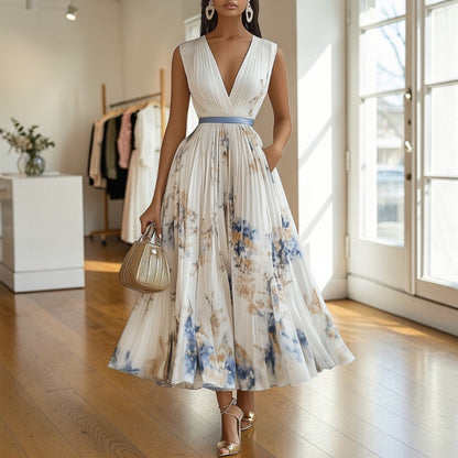Elegante vestito midi con plissettature e stampa floreale per donne – Scollo a V femminile e silhouette stilosa
