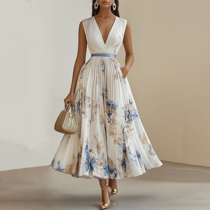 Elegante vestito midi con plissettature e stampa floreale per donne – Scollo a V femminile e silhouette stilosa