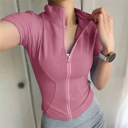 Maglietta sportiva modellante con zip per donne – Top fitness a maniche corte per yoga, allenamento e tempo libero