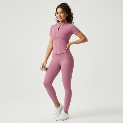 Maglietta sportiva modellante con zip per donne – Top fitness a maniche corte per yoga, allenamento e tempo libero