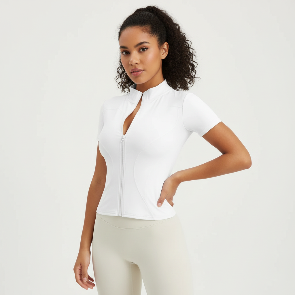 Maglietta sportiva modellante con zip per donne – Top fitness a maniche corte per yoga, allenamento e tempo libero