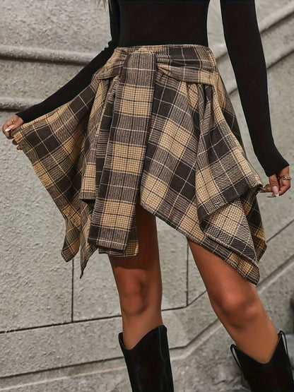 Gonna mini a quadri con cintura per donne – Gonna asimmetrica per look casual e autunnali