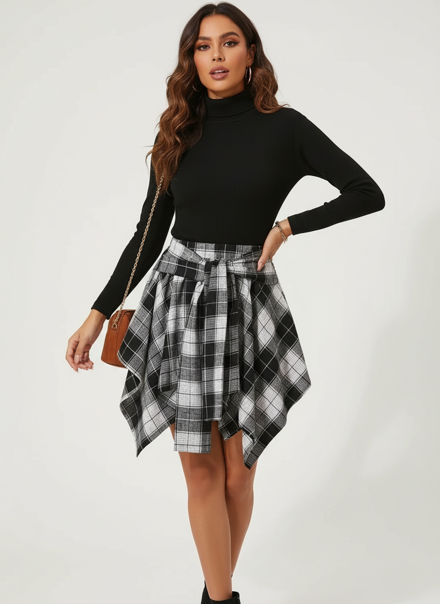 Gonna mini a quadri con cintura per donne – Gonna asimmetrica per look casual e autunnali