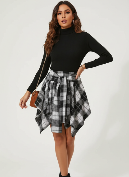 Gonna mini a quadri con cintura per donne – Gonna asimmetrica per look casual e autunnali