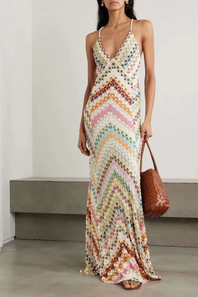 Méline - Maxibito in stile Boho, ispirato al lavoro all'uncinetto, per primavera e estate, con sottili spalline a spaghetti e scollo a V