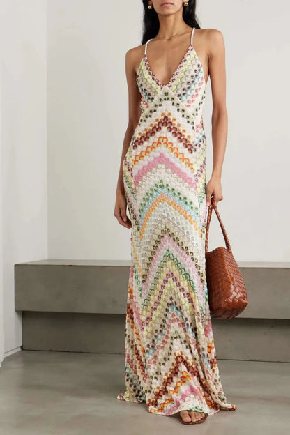 Méline - Maxibito in stile Boho, ispirato al lavoro all'uncinetto, per primavera e estate, con sottili spalline a spaghetti e scollo a V