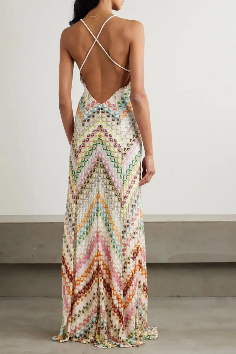 Méline - Maxibito in stile Boho, ispirato al lavoro all'uncinetto, per primavera e estate, con sottili spalline a spaghetti e scollo a V