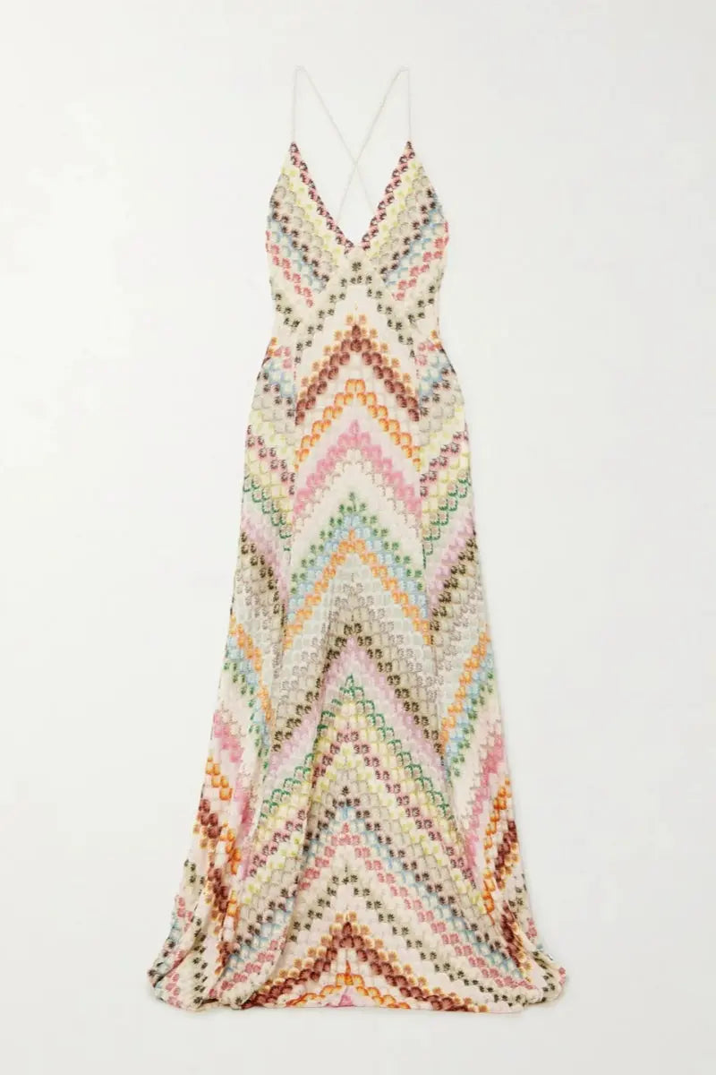 Méline - Maxibito in stile Boho, ispirato al lavoro all'uncinetto, per primavera e estate, con sottili spalline a spaghetti e scollo a V