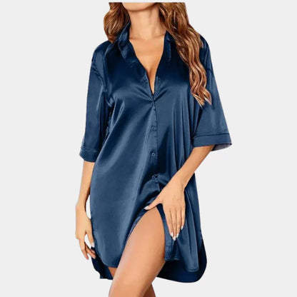 Elegante abito camicia in satin con bottoni e vestibilità morbida per donne