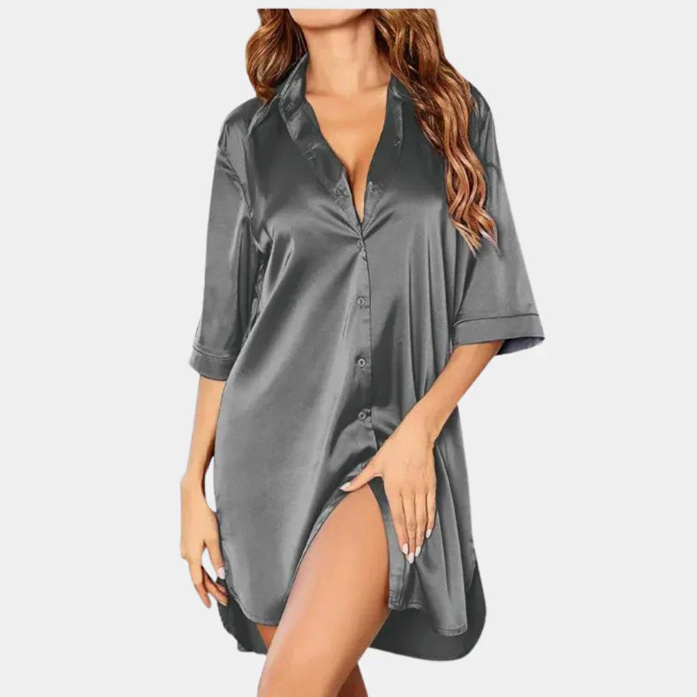 Elegante abito camicia in satin con bottoni e vestibilità morbida per donne