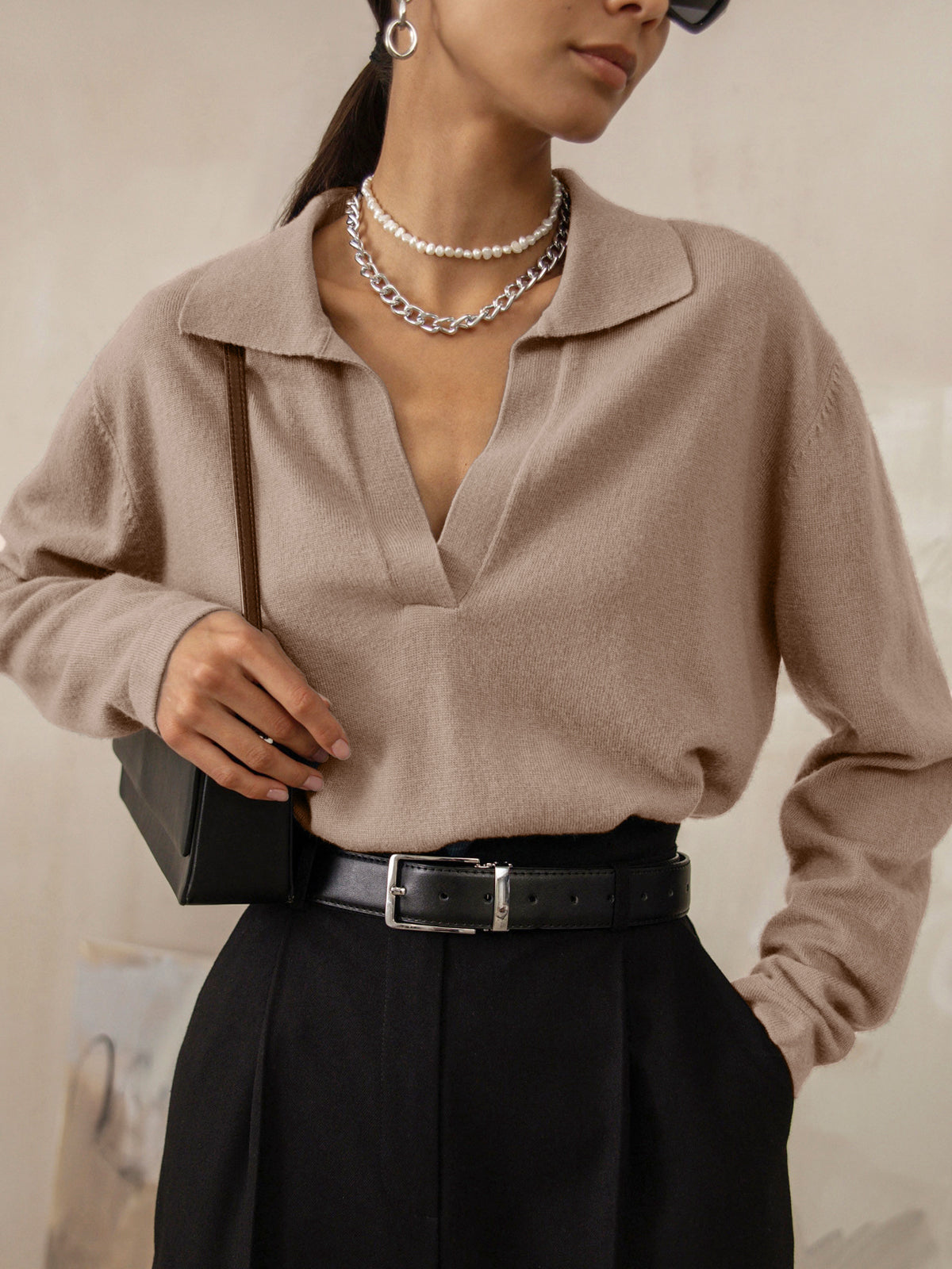 Rosélyne - Pullover Business Casual per donne con colletto e scollo a V