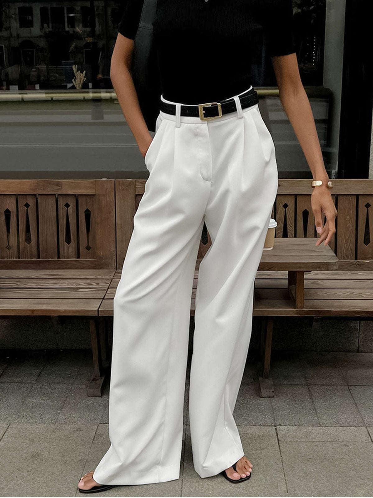 Elegante pantaloni in tessuto a vita alta per donne – Pantaloni larghi con gamba dritta