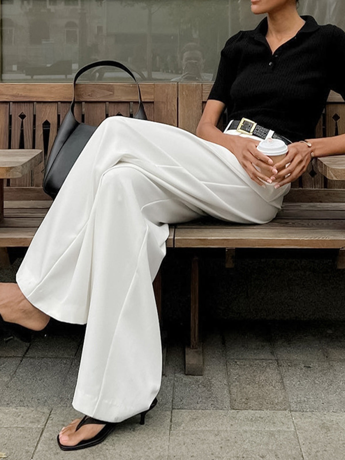 Elegante pantaloni in tessuto a vita alta per donne – Pantaloni larghi con gamba dritta