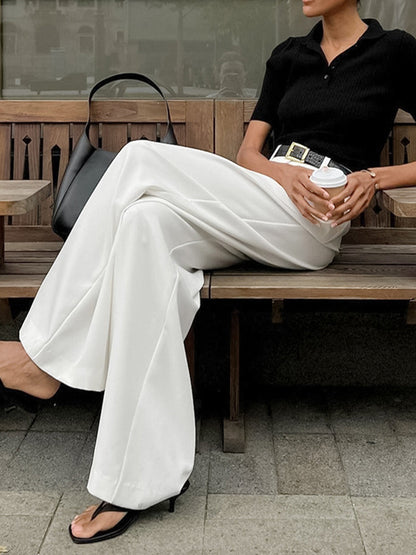 Elegante pantaloni in tessuto a vita alta per donne – Pantaloni larghi con gamba dritta