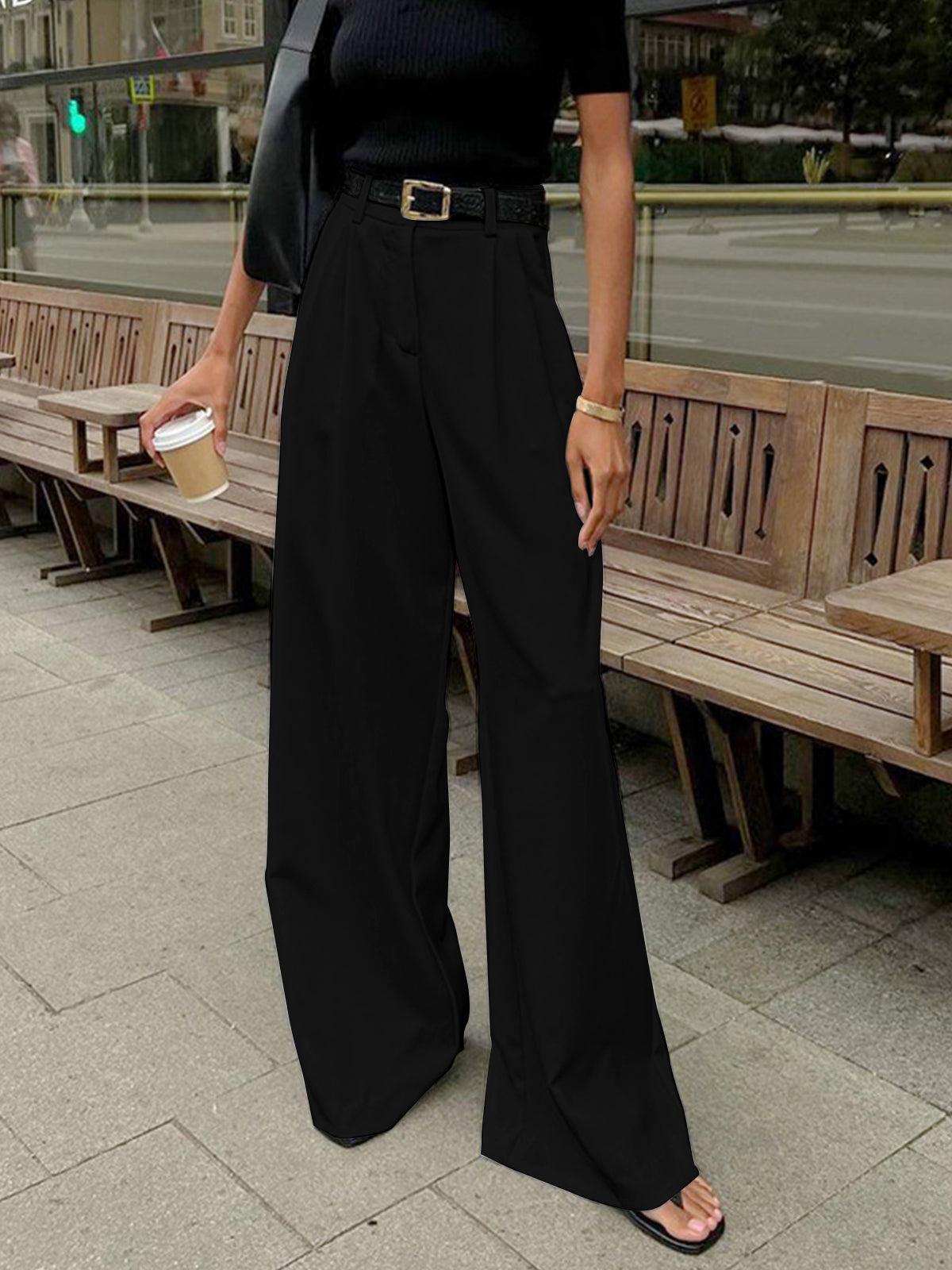 Elegante pantaloni in tessuto a vita alta per donne – Pantaloni larghi con gamba dritta