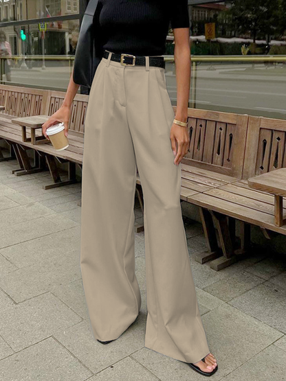 Elegante pantaloni in tessuto a vita alta per donne – Pantaloni larghi con gamba dritta
