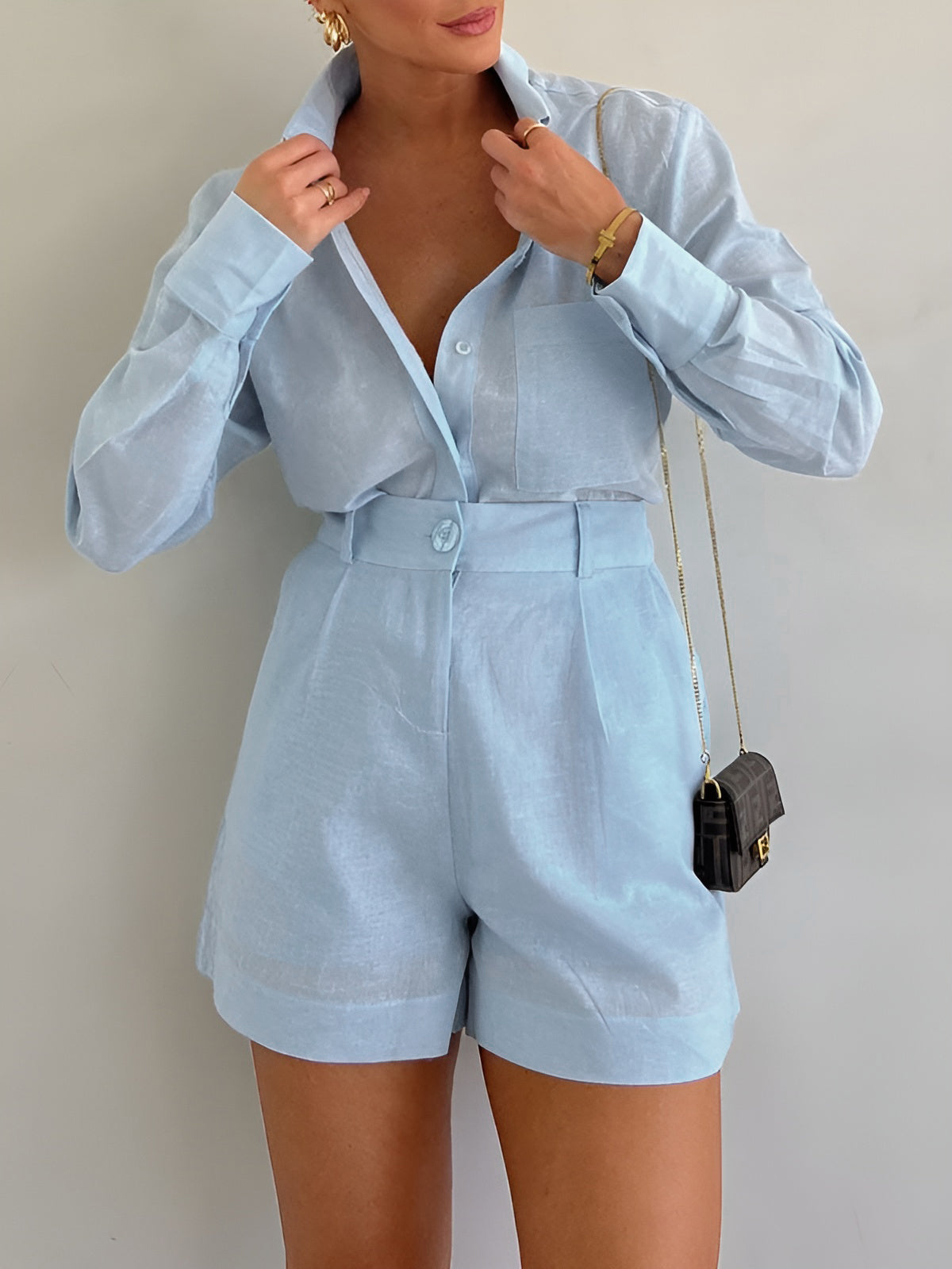 Elegante tuta in lino con colletto per donne – Tuta corta con maniche corte e pantaloni shorts a vita alta