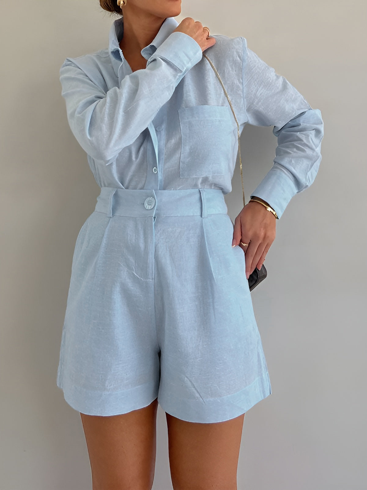 Elegante tuta in lino con colletto per donne – Tuta corta con maniche corte e pantaloni shorts a vita alta